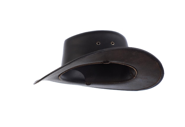 vintage black leather cowboy hat isolated on white background