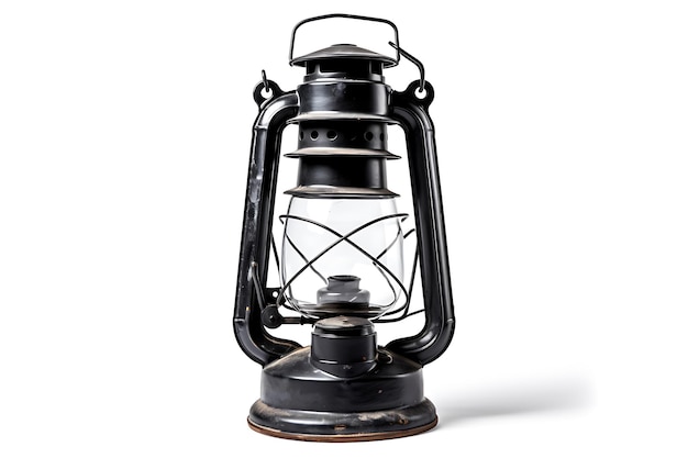 Foto lanterna campeggio vintage in metallo nero vista anteriore isolata su sfondo bianco