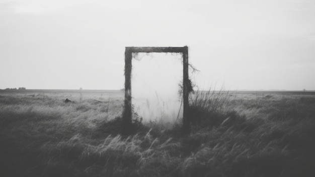 Винтажная черно-белая дверь в поле, искаженная, размытая и эфемерная.