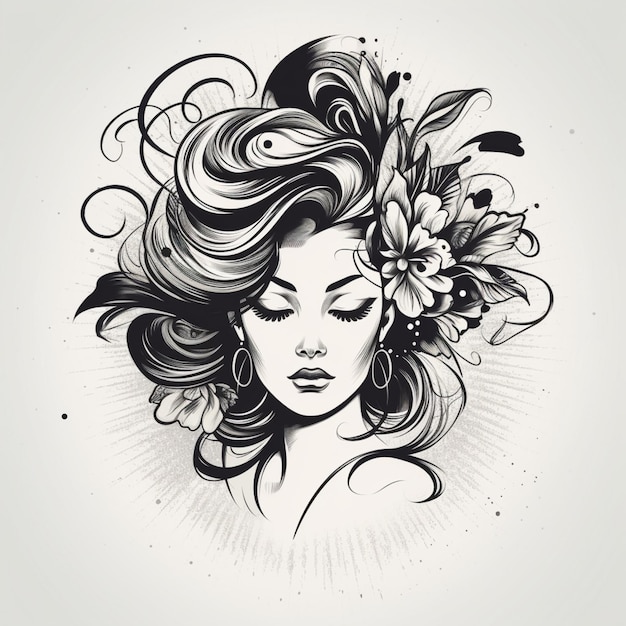 Vintage black and white girl in hat with flower in the style of classic tattoo motifs