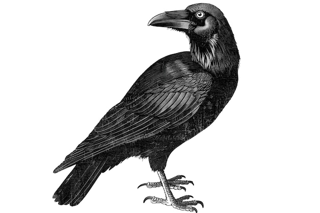 vintage black and white painted illustration of a crow