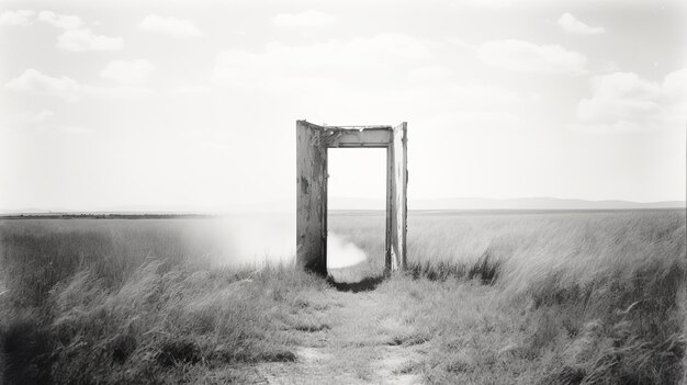 Vintage Black And White Photo Old Door In Grass