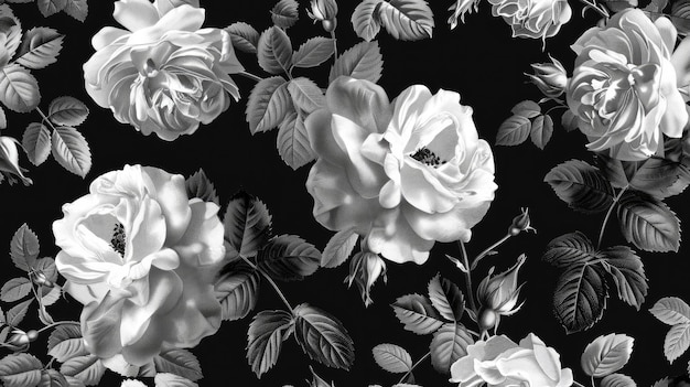 vintage black and white wallpaper of roses and leaves