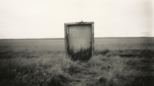 ヴィンテージの黒と白の写真 草原の歪んだドア