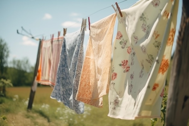 Vintage blad drogen aan de waslijn op een zonnige zomerdag gemaakt met generatieve ai