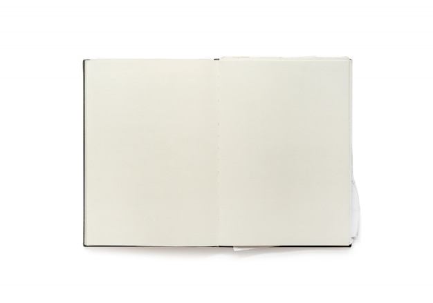 Vintage blank open notebook isolated on white background.