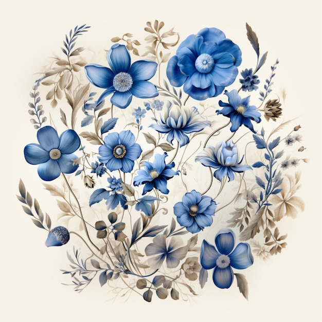 Vintage blauwe abstracte bloemen tekenen op een lichte achtergrond illustratie AI generatie