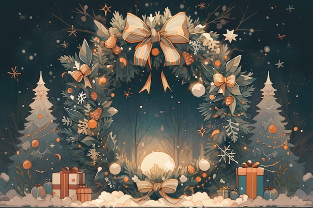 vintage bloemen en bladeren kerstkrans illustratie