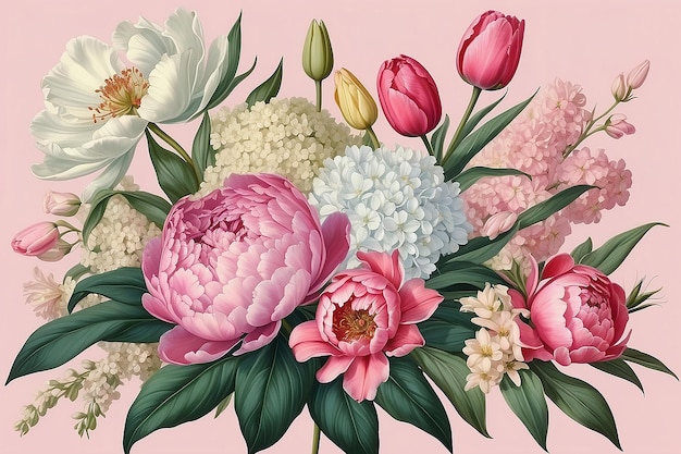 Vintage bloemen Pioenen tulpen lelies hortensia op roze bloemen achtergrond bloemen illustratie in barokke stijl