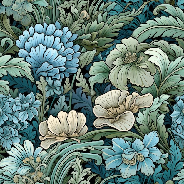 Vintage bloemenpatroon met blauwe en groene bloemen die herinneren aan kleurrijke fantasy realisme tegels