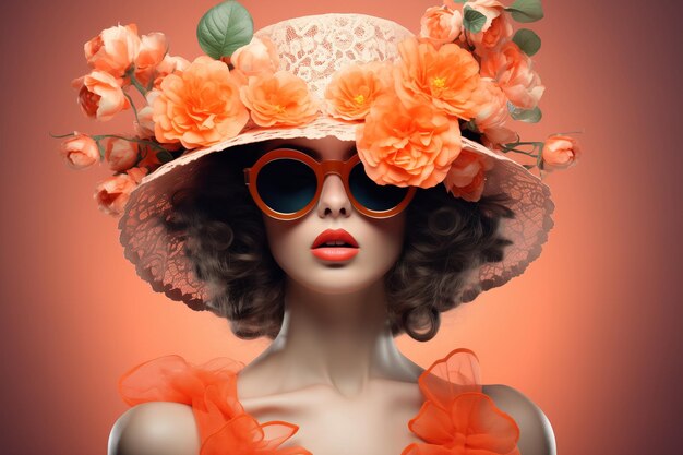 Vintage Bloom Woman with Floral Hat and Sunglasses