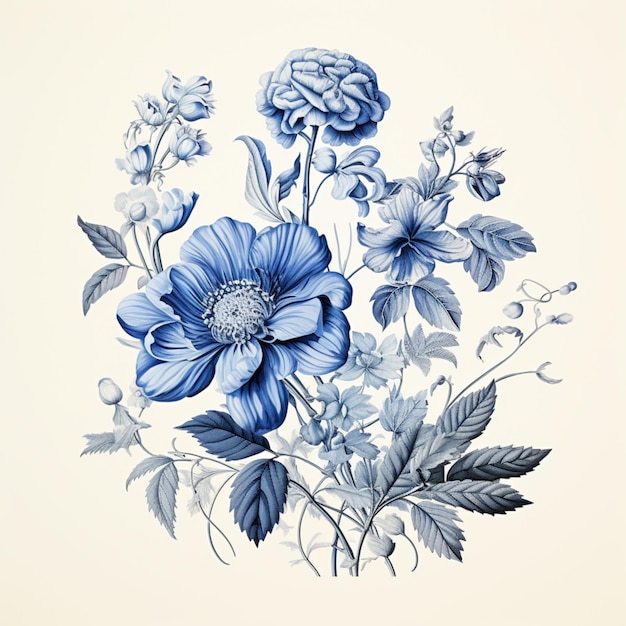 Vintage blue abstract flowers drawing on a light background illustration AI generation