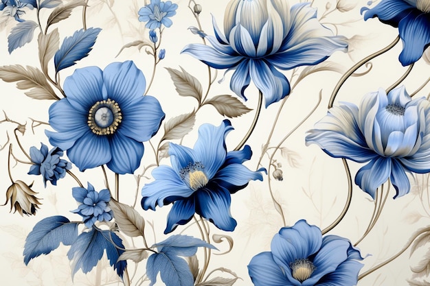 Vintage blue abstract flowers drawing on a light background illustration AI generation