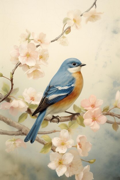 Foto vintage blue bird met bloem