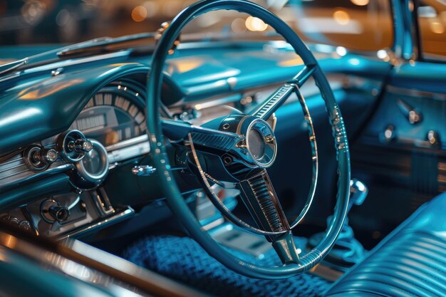 Foto interni e volante di auto blu d'epoca