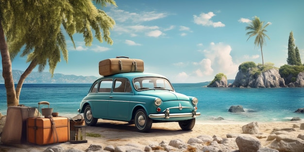 Vintage blue car with vacation suitcases parked on sandy tropical paradise beach AI