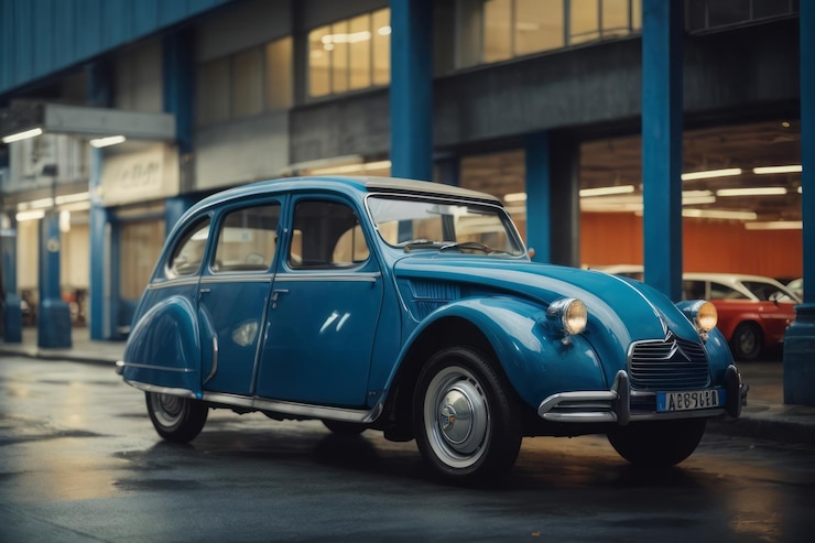 Foto vintage blue citroen 2cv geparkeerd in een stedelijke omgeving