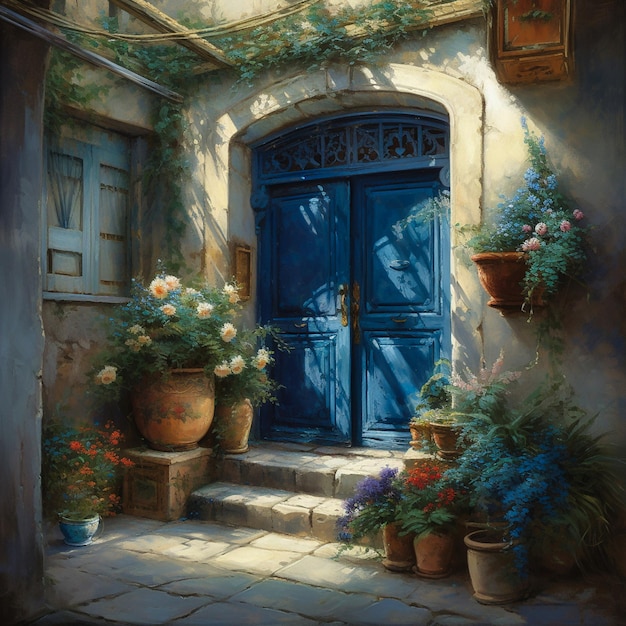 Винтажная синяя входная дверь, рядом цветы