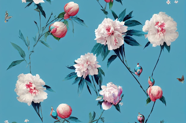 Vintage blue wallpaper with vegetation peonies pomegranates butterflies and