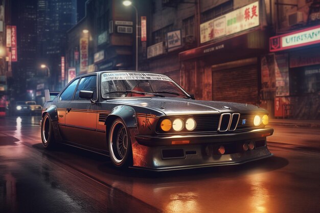 A vintage BMW 30 CSI on the streets of Tokyo at night