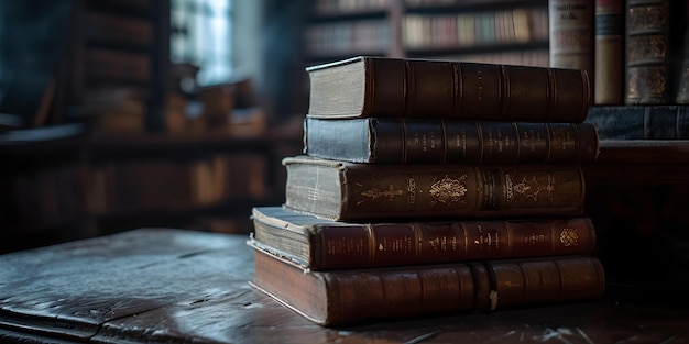 Vintage books stacked on a wooden table in a dimly lit room antique library setting with classic novels perfect for background or wallpaper AI