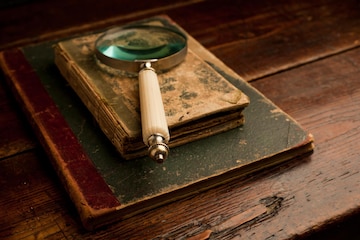 Vintage book and magnifying glass on wooden desk Stock Photo by rawf8