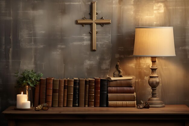 Foto vintage bookshelf wall con caldi raggi di luce per la lettura con una calma illustrazione sullo sfondo di tendenza.