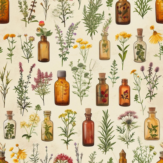 Vintage Botanical Herbs and Bottles Seamless Pattern Digital Papers