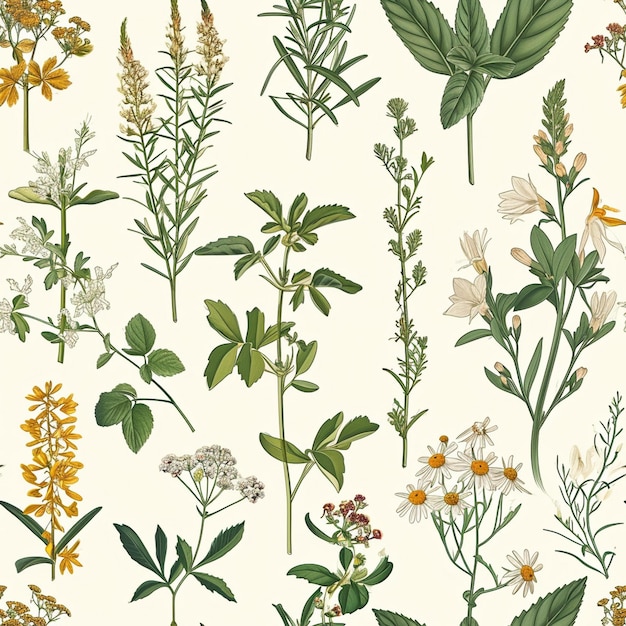 Vintage Botanical Herbs Garden Floral Retro Aesthetic Organic Seamless Pattern Background