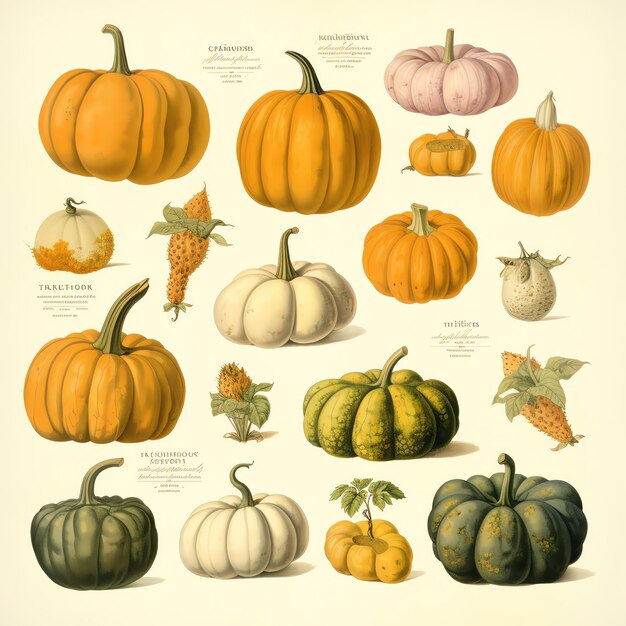 Photo vintage botanical illustration featuring various pumpkin and gourd varieties with detailed labels