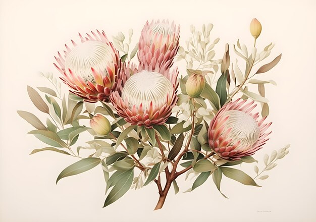 Vintage botanical illustration of proteas