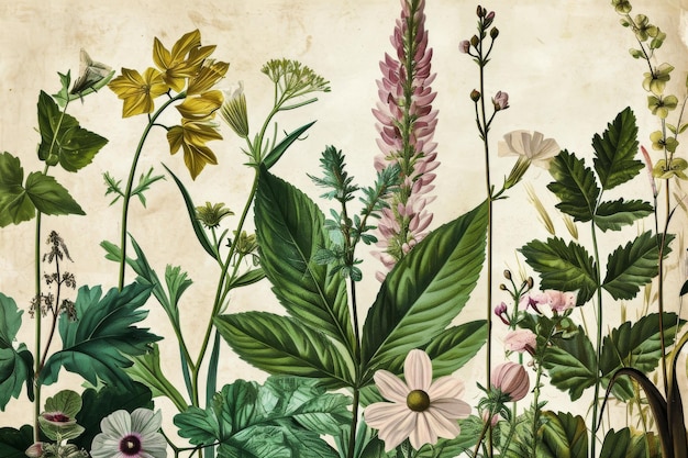 Photo a vintage botanical illustration with different types of plant species ai generated