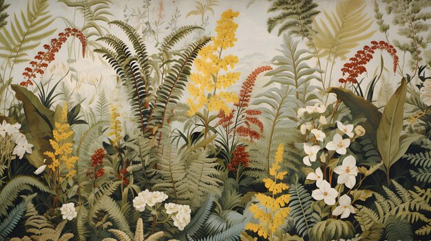 Photo a vintage botanical print of different ferns and flowers