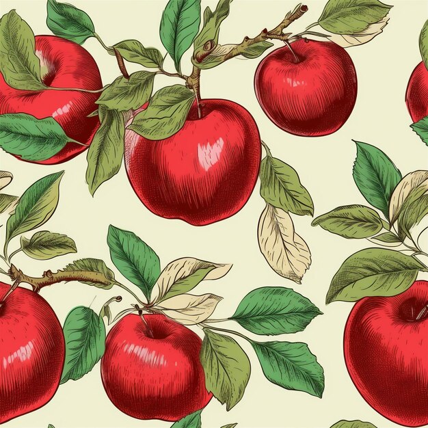 Photo vintage botanical seamless patterns with red apples and leaves retro hand drawn style digital illus