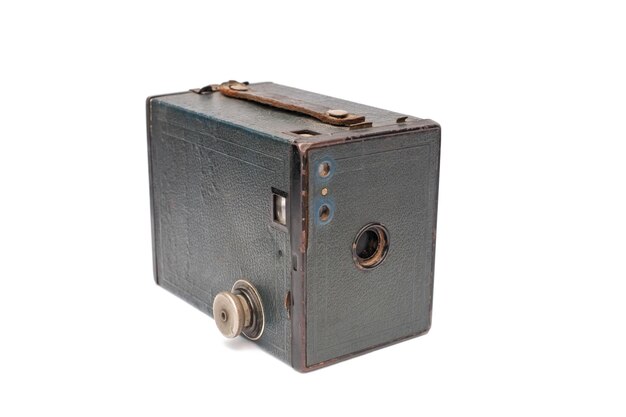 Photo vintage box film camera isolated on white circa 1930