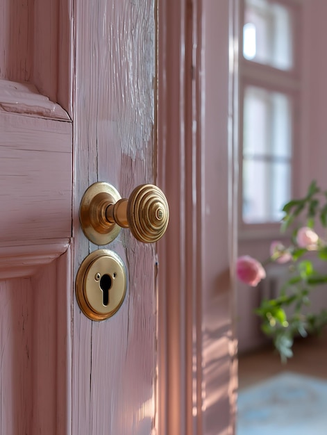 Фото Винтажная латунная дверная ручка на деревянной двери с элегантными шторами
