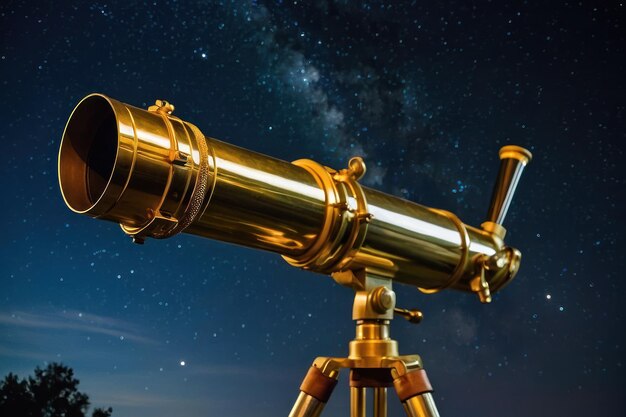 Фото Старый медный телескоп на звездном небе