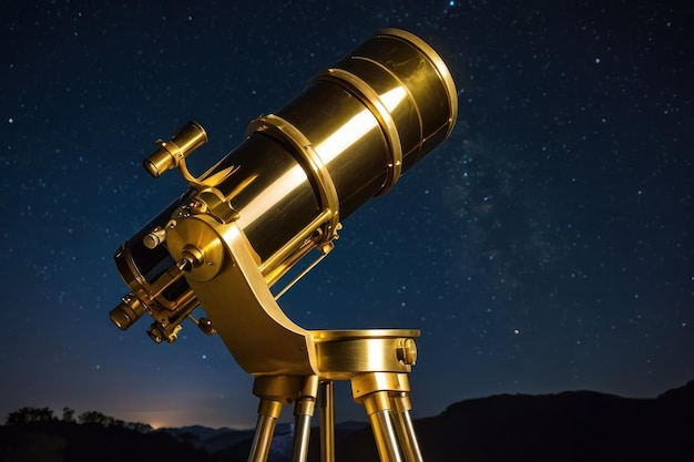 Фото Старый медный телескоп на звездном небе