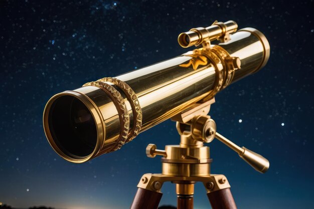 Vintage brass telescope against a starry sky