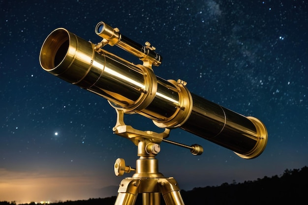 Vintage brass telescope against a starry sky