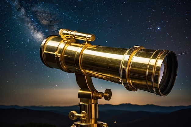 Foto telescopio in ottone d'epoca contro un cielo stellato