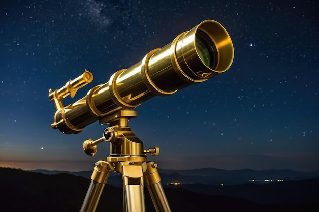 Vintage brass telescope against a starry sky