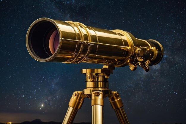 Vintage brass telescope against a starry sky