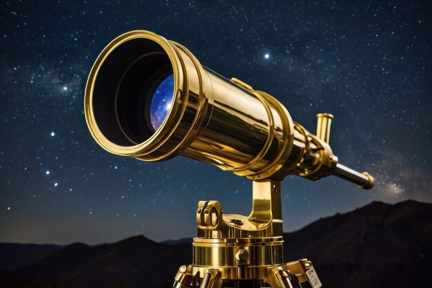 Vintage brass telescope against a starry sky