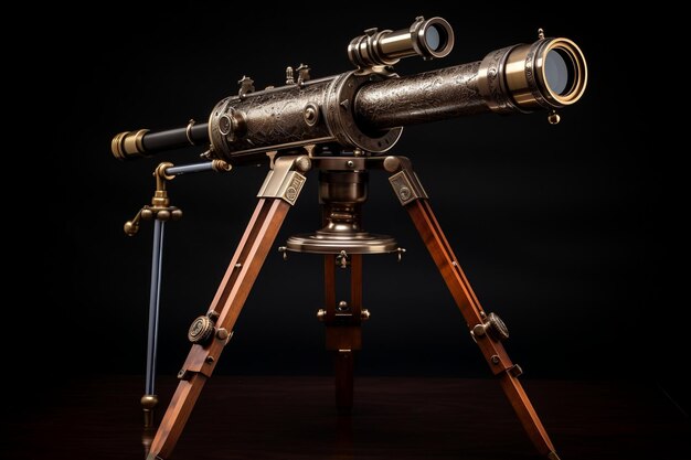 Vintage Brass Telescope on Wooden Tripod AI