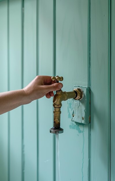 Photo vintage brass water tap turned on by a human hand water flows on a turquoise wooden wall