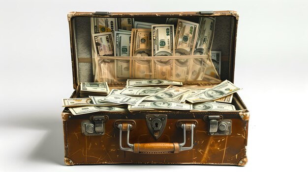 Foto valigetta d'epoca traboccante di denaro su uno sfondo bianco concetto di ricchezza e successo finanziario perfetto per temi finanziari ai