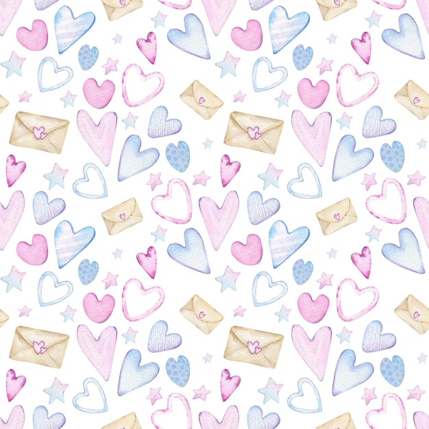 Vintage brown envelopes with pink and blue hearts Watercolor Valentines Day background of letters Seamless pattern