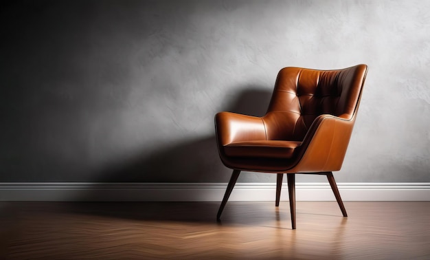 Vintage brown leather chair in 80s style in a dark room against a gray empty wall copy space