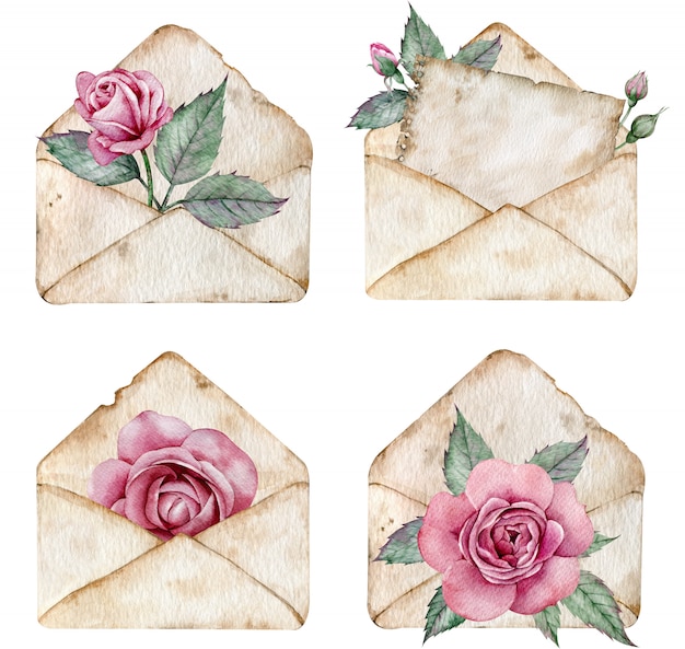 Vintage bruine enveloppen met roze rozen en groene bladeren. Aquarel illustratie van letters.